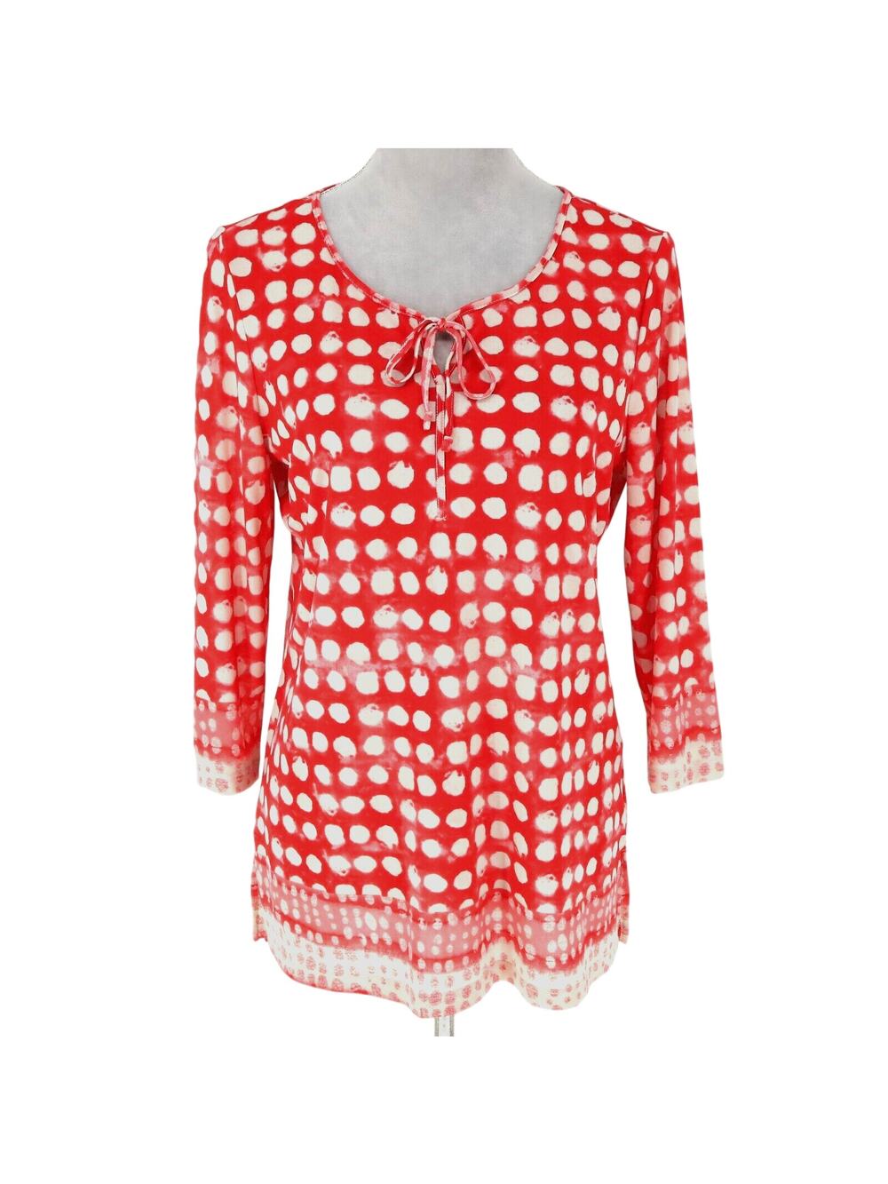 Chicos Top 1 Womens Medium Red Ivory Polka Dot Blouse Lightweight Tie Front